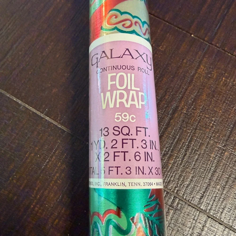 Vintage Galaxy Christmas Foil Wrapping Paper Roll Red Green Gold Ornaments USA